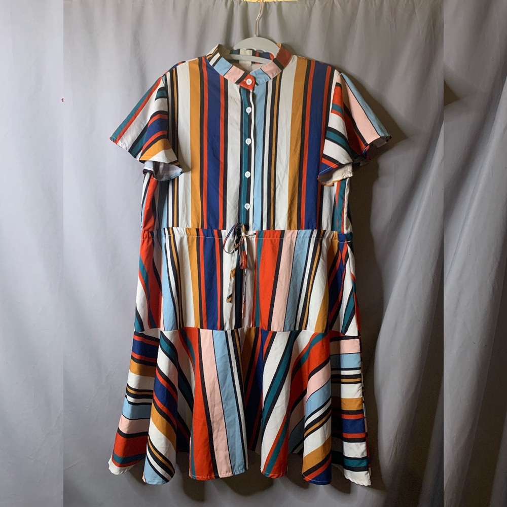 SHEIN Butterfly Sleeve Tie Front Button Down Multicolor Mid length Dress